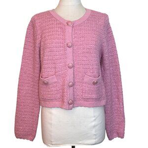 Jessica Simpson Pink Button Up Cropped Cardigan Sweater XL Classic Retro‎ Twee